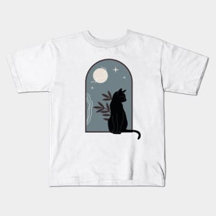 Black cat with plants and night sky in vintage boho minimalist style Kids T-Shirt